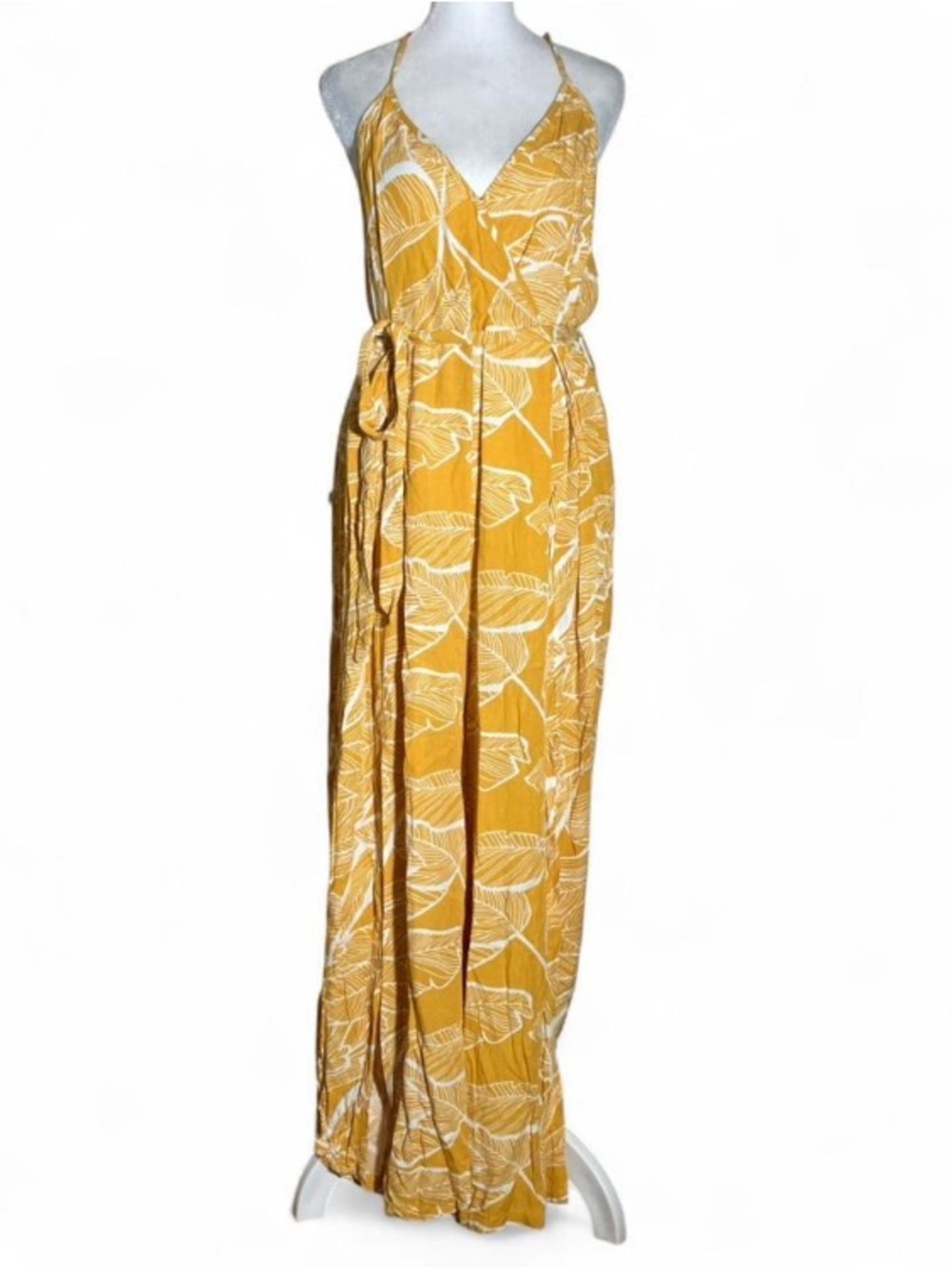 Cupshe Mustard Yellow Floral Maxi Jumpsuit Wide Leg Side Slit size Large - Picture 2 of 8